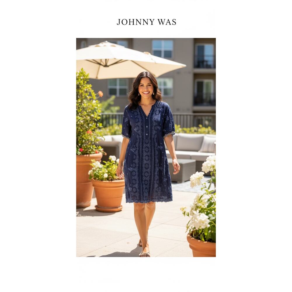 Johnny Was Blue Riza Embroidered Eyelet Dress.